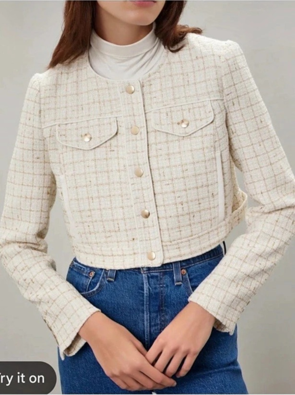 Topshop Plaid Cropped Jacket in Cream Size Medium